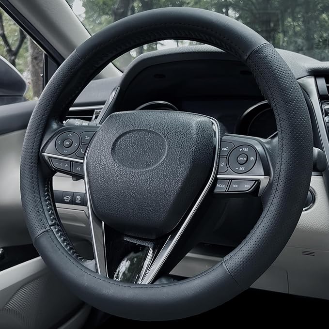 Steering Wheel Cover Small Size 14-14.25 inch, Non-Slip Car Wheel Protector for Prius Civic Model 3 Model Y Camaro, Breathable Microfiber Leather, Black