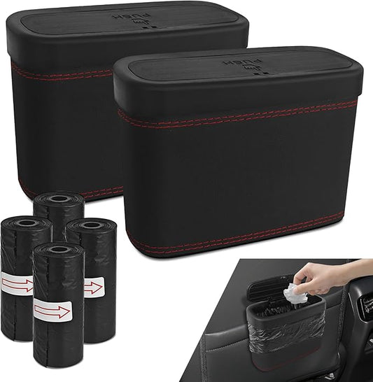 2PCS Car Trash Can with Lid, Press-Top Car Trash Bin with 30PCS Cars Trashs Bags, Small Automotive Dustbin Garbage Container Universal Fit Most Cars Office Home (2pcs-Black)