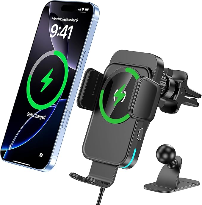Wireless Car Charger, 15W Fast Charging [Auto Clamping] [Auto alignment] Phone Holders for Your Car Dashboard Windshield Air Vent Car Accessories for iPhone 17 16 15 14 13 12 Series, Samsung Galaxy