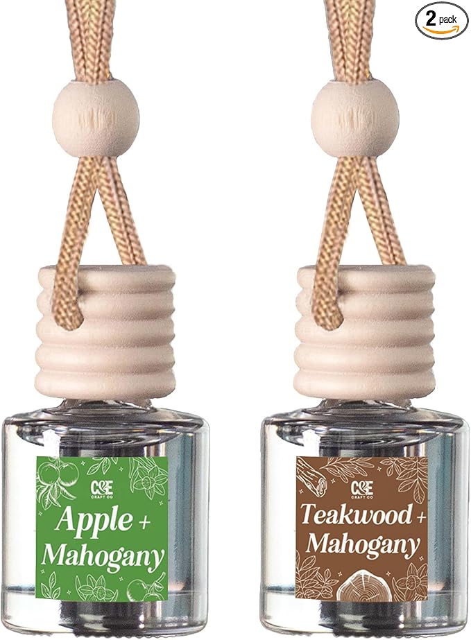 C&E Craft Co Hanging Car Air Freshener Diffuser 2 Pack, Long Lasting Fragrance Oil Car Freshener, Glass Bottle Auto Air Freshener, Made in USA (Apple & Mahogany + Teakwood & Mahogany)