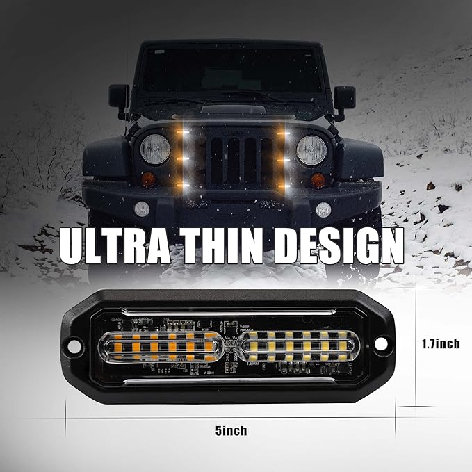WINECO Amber/White LED Strobe Lights Kit - 8pcs 12-LED Flashing Emergency Warning Lights for Trucks, Cars and Vehicles