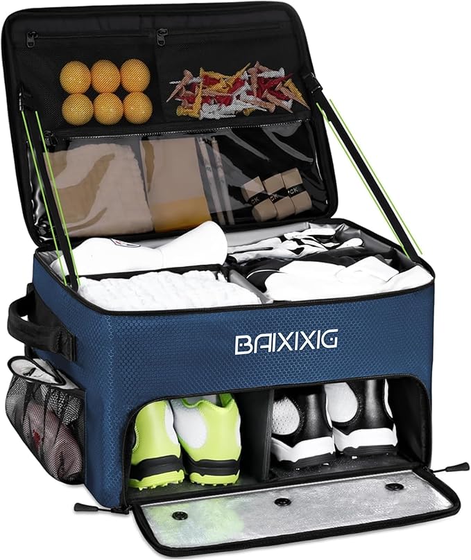 Golf Trunk Organizer, Waterproof Car Golf Locker with Separate Ventilated Compartment for 2 Pair Shoes, Golf Storage for Balls, Tees, Cap, Clothes, Gloves, Accessories, Gifts for Men, Women