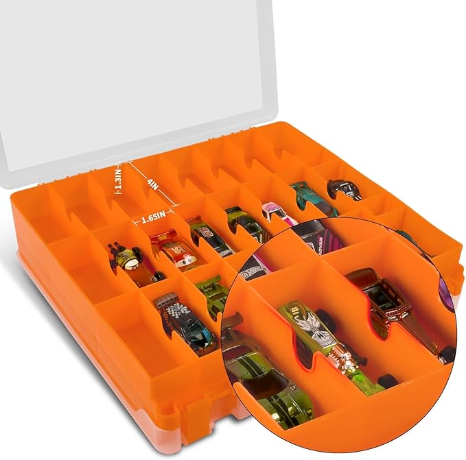 Toy Car Storage Organizer Case Compatible with Hot Wheels/for Matchbox Cars. Display Carrying Container Holder for LOL Surprise Dolls/for Shopkins with 48 Compartments Double Sided-Orange (Box Only)