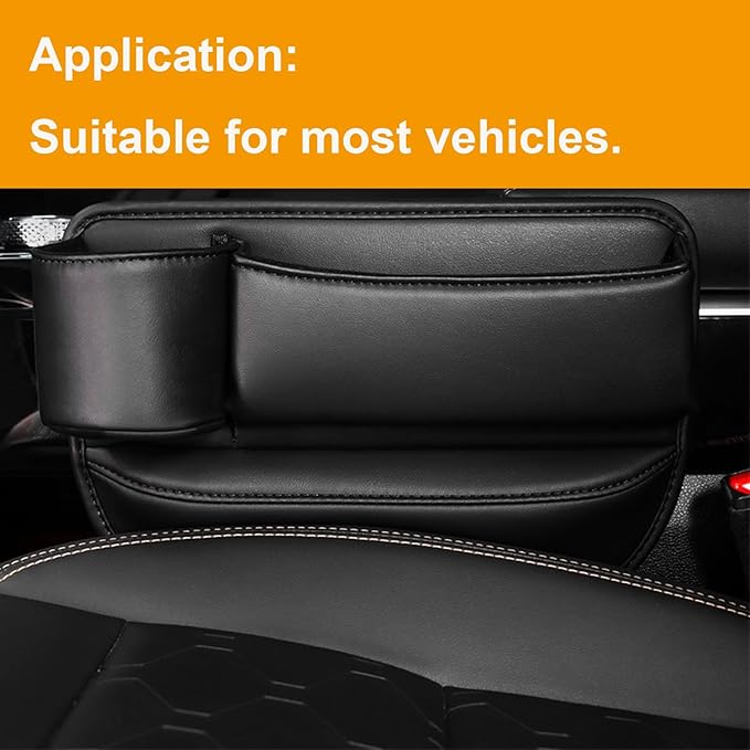 Car Leather Cup Holder Gap Bag for Mobile Phones Glasses Keys Cards Seat Gap Storage Box (2 Pack, Black)
