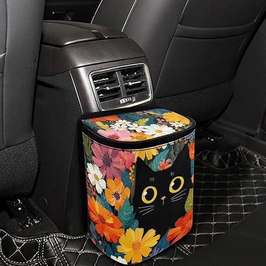 Talayituse Black Cat Daisy Flower Print Car Trash Can Portable Auto Garbage Bin Multifunctional Vehicle Interior Accessories with Adjustable Straps Universal Fit Truck SUV Sedan