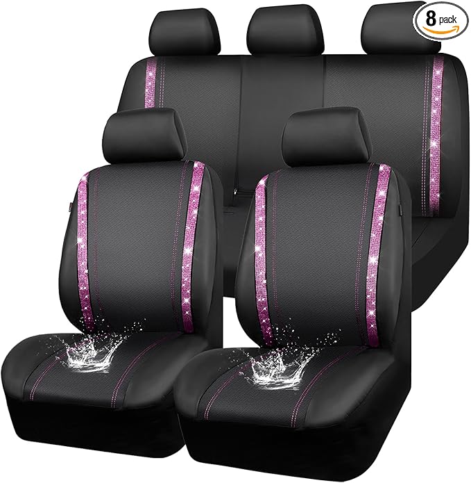 CAR PASS Bling Diamond Car Seat Covers Full Set, Shining Rhinestone Waterproof Faux Leather, Rear with Zipper, Universal Fit Automotive Glitter Crystal Sparkle Strips for Women Girl, Black Pink