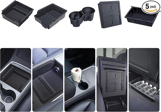 BANKKY Center Console Organizer Tray 5PCS for Tesla Model Y Accessories 2024-2020(Not Fit 2025 2026 Model Y Juniper) Armrest Storage Tray, Hidden Storage Box, Cup Holder Insert, Under Seat Storage Box