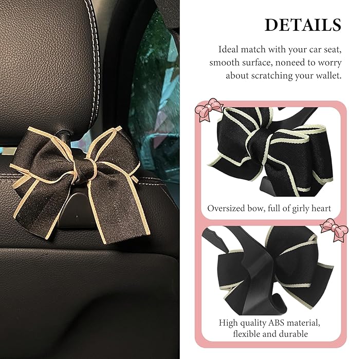 2 PCS Car Seat Headrest Hook, Cute Bowknot Multifunctional Seat Back Hook for Car, Hidden Vehicle Rear Seat Purse Hanger Hook for Women Girls, Car Interior Accessories (Black)