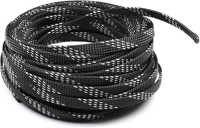 Aicosineg 32.81ft PET Flexible Braided Cable Sleeve 0.33inch Width Wire Loom Sleeving and Organizer Flexible Wire Mesh Sleeve Wrap Protector for TV Audio PC Cords from Pets Chewing Black and Yellow