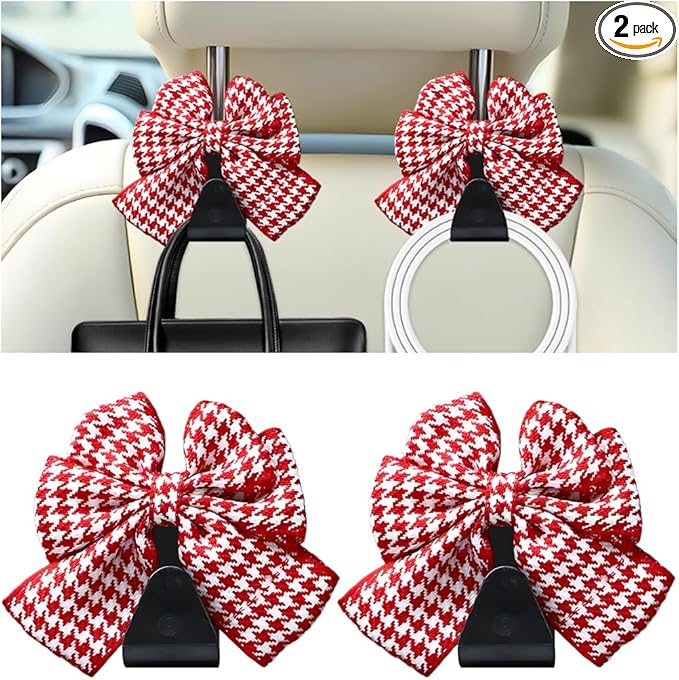 Cute Bow Car Seat Headrest Hooks, 2PCS Multifunctional Vehicle Rear Seat Hanging Hooks, Automotive Interior Seatback Storage Organizer for Purses Bags, Universal Fit (Red/Houndstooth)