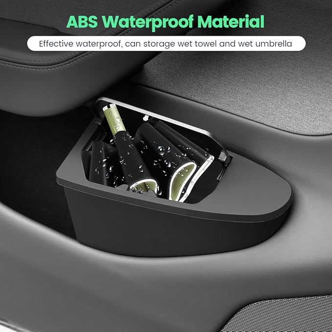 Front Door Storage Organizer Compatible with Tesla Model Y Juniper 2025 2026, 2 PCS Car Trash Can Trash Bin with Push-Open Lid Waterproof Side Door Storage Box - Black