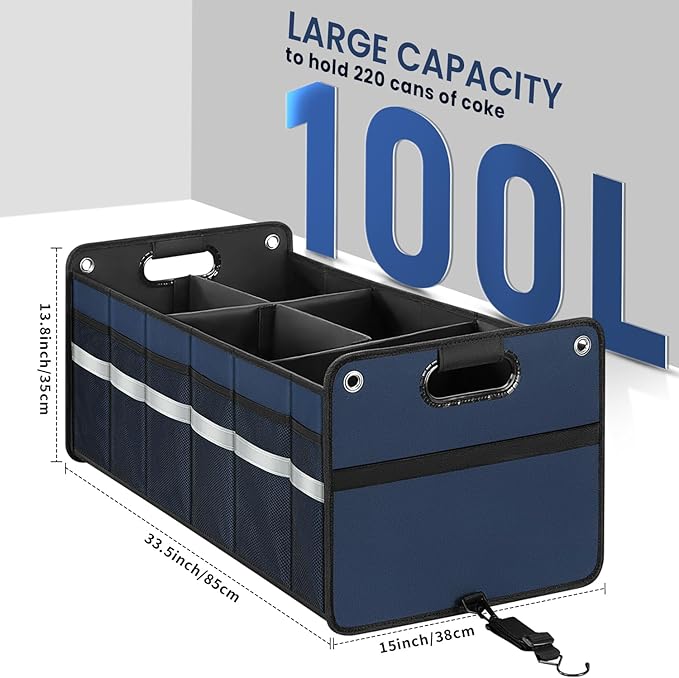 Car Trunk Organizer, Car Storage Organizer, Collapsible Multi Compartment for Car, Suv, Sedan, Truck, 100L, Extra Larger (Blue, 100L)