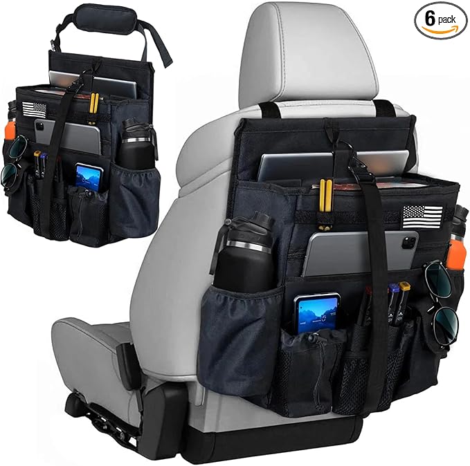Front & Seat back organizer with dedicated tablet and 15.6 IN laptop storage stabilizers external stabilizing side straps soft adjustable shoulder straps hardened buckle Universal fits for Most of Car