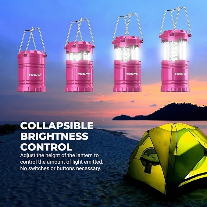 2 Pack LED Camping Lantern, LED Lanterns, Suitable Survival Kits for Hurricane, Emergency Light for Storm, Outages, Outdoor Portable Lanterns, Pink, Collapsible | Batteries Included