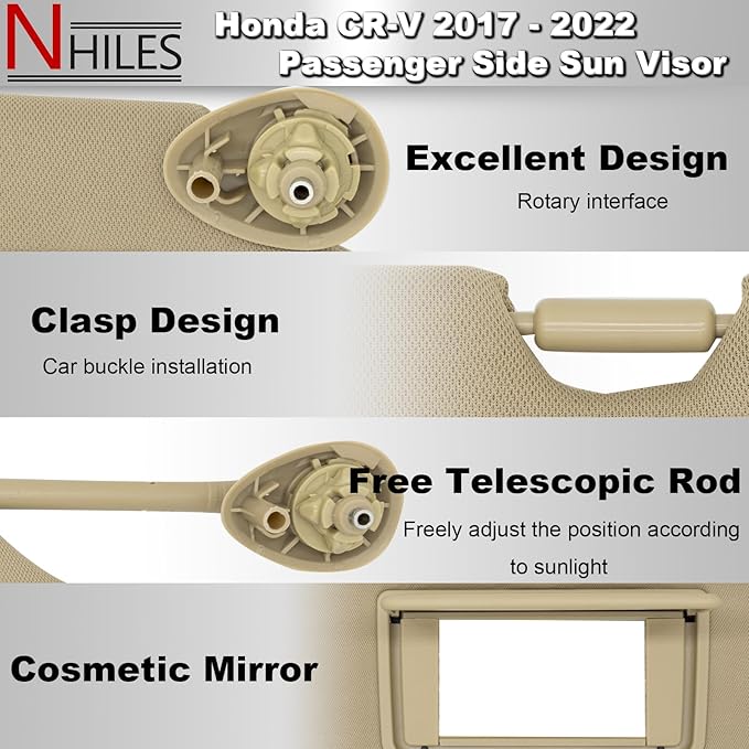 NHILES Passenger Right Side Sun Visor Replacement Fits for Honda CR-V 2017-2022 Sunshade Without Light 83230TLAA02ZA Color: Beige