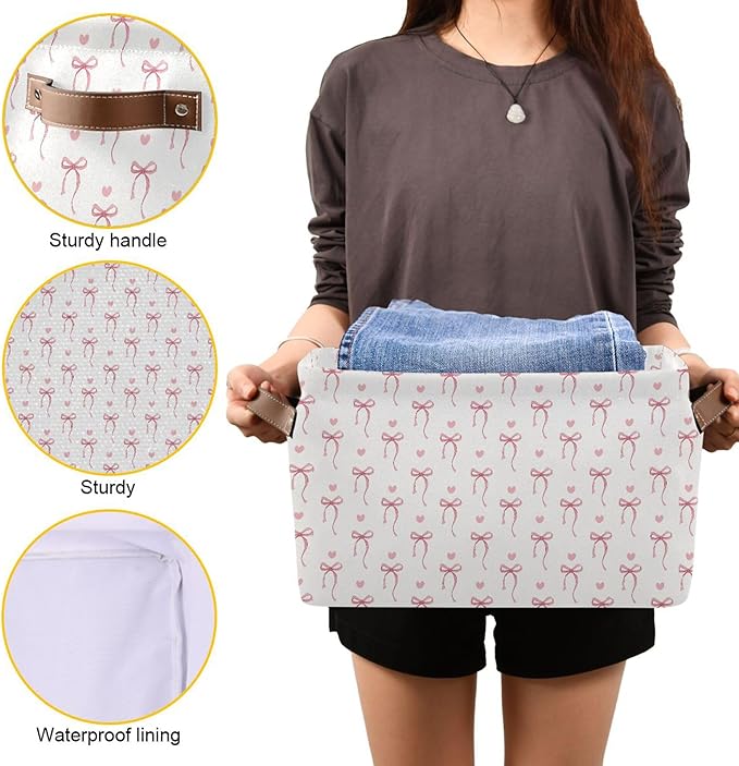 Wamika Pink Ribbon Bow Storage Basket with Waterproof Liner and PU Handles White Bow Tie Cute Storage Bins Boxes 14.2" Collapsible Decorative Organizer Baskets for Bedroom Closet Office 2 Pack