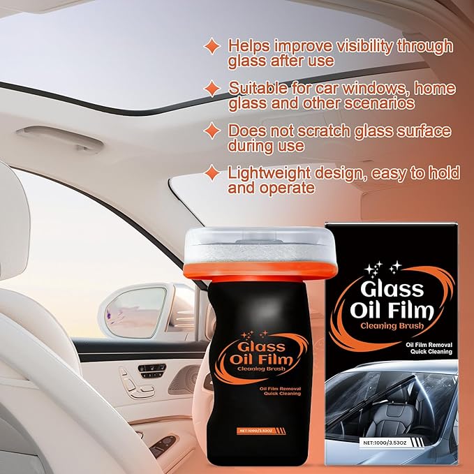 Automotive Oil Film Cleaning Brush for Car Windshield, Glass Emulsion Cleaner, 100g Roll-On Glass Oil Film Remover with Reusable Cleaning Board, Anti-Fog & Water-Resistant Coating for Safe Driving