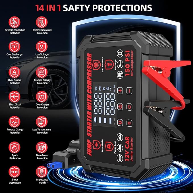 Jump Starter with Air Compressor, 4000A Peak Portable Car Battery Jumper Starter with 150PSI Auto-Shutoff Tire Inflator, 12V Car Jump Box with LED Light&LED Display All Gas /10L Diesel,Motorcycle