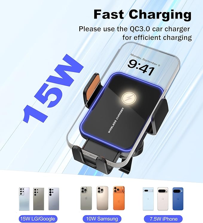Wireless Car Charger, BLESSOURCE 7 Color RGB Backlit 15W Fast Charging Auto Clamping Car Mount Charger, Air Vent Phone Holders for Your Car Accessory for iPhone 17/16/15/14/13 Series,Samsung, Android