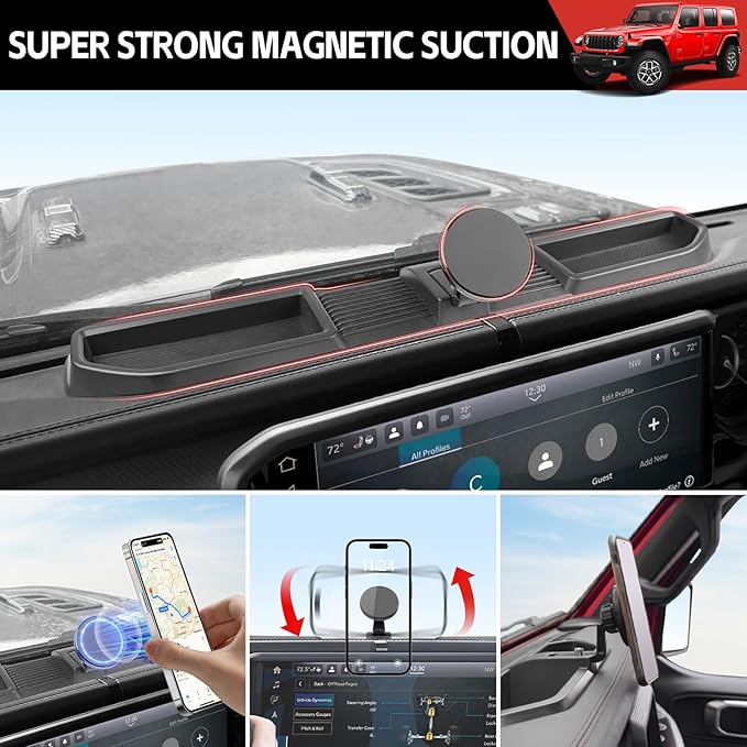 Magnetic Phone Mount Holder Fit for 2024+ Jeep Wrangler JL JLU&Gladiator JT Car Dashboard Multi-Mount Phone Holder Dash Tray for 2024 2025 Jeep JL/JT Accessories(2024+ 4X4, Not for 4XE)