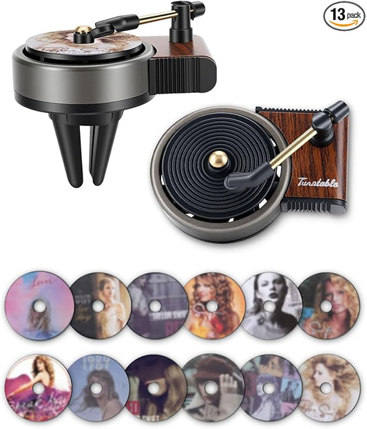 Record Player Car Air Freshener Vent Clip, 12PCS Vintage Album Style Refill Pads, Taylor Air Freshener Car Decor Accessories, Fresh Linen Scent Air Fresheners for Car, Music Lovers Gifts