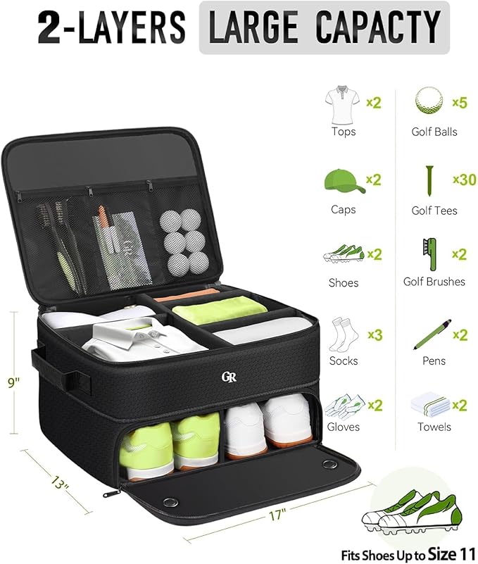 Fathers Day Dad Gifts for Men，Odor-Absorbing 2-Layer Large Golf Trunk Organizer with Activated Carbon Fabric - Water-Resistant Golf Shoe Bag for Shoes Balls Tees Clothes Gloves Golf Accessories
