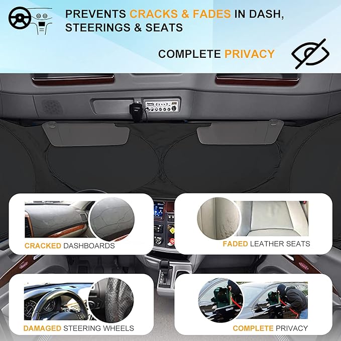 Semi-Truck Sun Shade for Windshield and Side Window | Sunshade Maximum Coverage Windshields for Truck - Block UV Sun Heat Rays - Best for Semi, Commercial & Big Rig Truck, RV（Side Windows Suction Cup）
