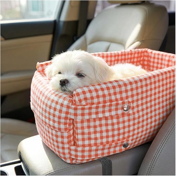 Craedli Center Console Dog Car Seat, Removable Car Armrest Box Pet Booster Seat with Safety Leash & Cushion, Washable Auto Interior Dog Carseat for Small Pets, Fit Most Cars (Pink)