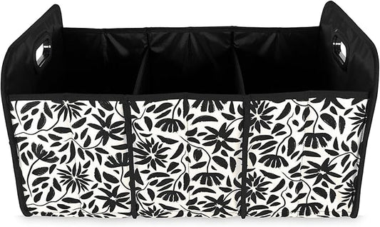 Steel Mill & Co Car Storage Bin, Car Accessories for Women, Cute Diaper Caddy/Trash/Grocery Tote for Vehicle, Trunk Organizer with Compartments, Hand Drawn Black Floral