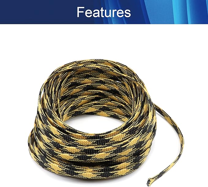 Aicosineg 32.81ft PET Flexible Braided Cable Sleeve 0.25inch Width Wire Loom Sleeving and Organizer Flexible Wire Mesh Sleeve Wrap Protector for TV Audio PC Cords from Pets Chewing Black and Yellow