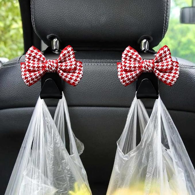 Mandark 2PCS Car Seat Headrest Hooks, Cute Bow Vehicle Hooks for Purses and Bags, Automotive Purse Hook Hanger Interior Decoration Accessories, Universal for SUV, Sedan, Truck (Red/Small)