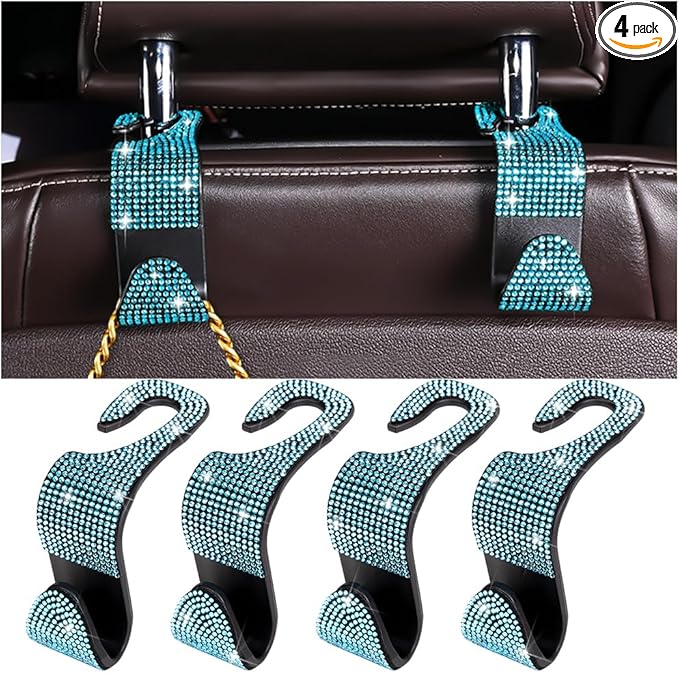 Zpana 4PCS Bling Car Seat Headrest Hooks, Vehicle Back Seat Purse Handbag Hanging Holder with Crystal Rhinestone, Diamond Storage Organizer Hook, Universal Automotive Accessories (Black/Blue)
