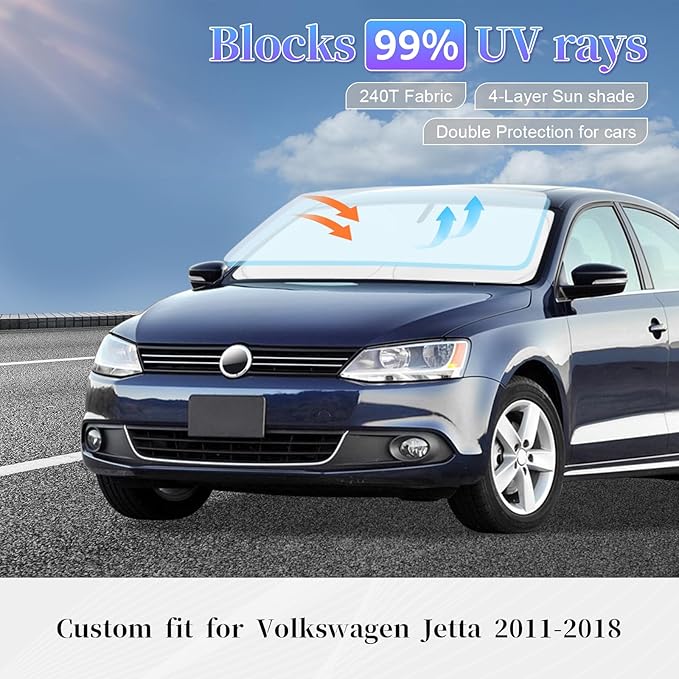 Sun Shade Sunshade for VW Jetta 2011-2018 Windshield Cover, 4-Layer Front Window Shade Custom fit Volkswagen Jetta Sun Visor 240T Retractable Shade Shield Blocks UV Rays Cooler Car Accessories