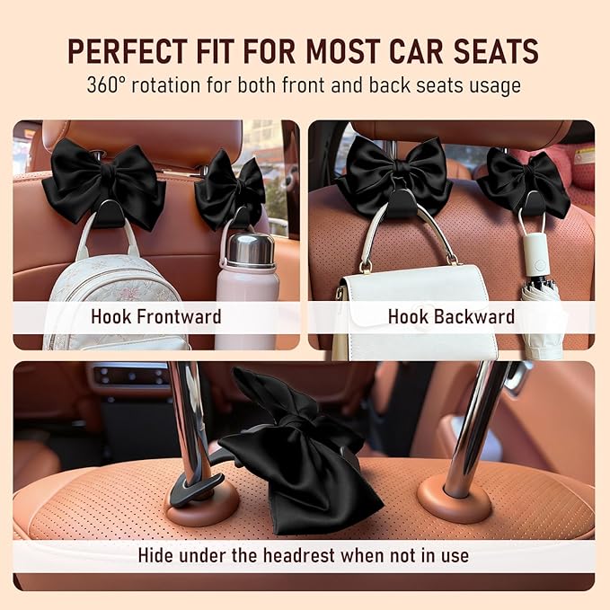 Bow Car Hooks for Purses and Bags, 2 Pack Cute Car Purse Hook, Universal Car Seat Headrest Hooks Bag Holder, Bow Car Accessories, Automotive Purse Hook Hanger Interior Decoration Accessories (Black)