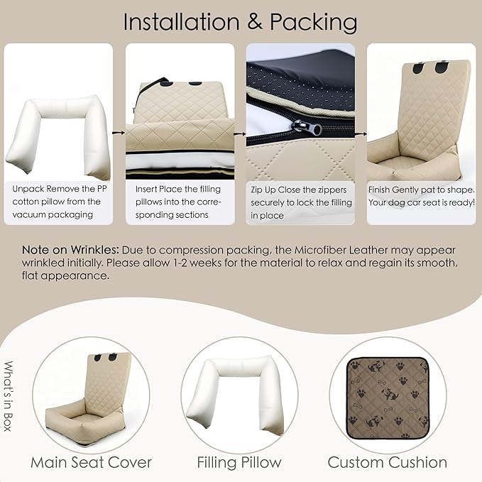 Microfiber Leather Dog Car Seat for Small & Medium Dogs, Waterproof Pet Car Seat with Washable Pee Pad, Scratch & Fur Resistant, Foldable Dog Bed for Home & Travel, Non-Slip Design, Matte Beige