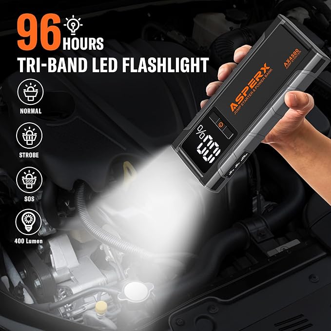 AsperX AX4500 Jump Starter, 4500A Peak Car Jump Starter for Up to All Gas and 10.0L Diesel Engines, 12V Battery Starter with 4 Inch LCD Display, Lithium Battery Booster with Built-in LED Light