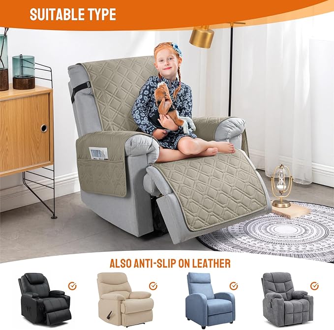 VANSOFY 100% Waterproof Recliner Chair Covers, Recliner Cover Non-Slip Dog Chair Cover Furniture Protector Washable Slipcover with Pocket, Elastic Straps for Pets, Dogs(Khaki, 28")