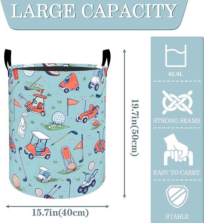 Vintage Golf Cart and Ball Laundry Basket, Dirty Collapsible Clothes Toy Organizer Hamper for Kids Adults, Oxford Cloth Waterproof Storage Bin for Bedroom Bathroom Home Decor Gifts, 19.7"X15.7"
