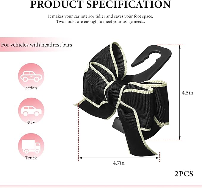 2 PCS Car Seat Headrest Hook, Cute Bowknot Multifunctional Seat Back Hook for Car, Hidden Vehicle Rear Seat Purse Hanger Hook for Women Girls, Car Interior Accessories (Black)