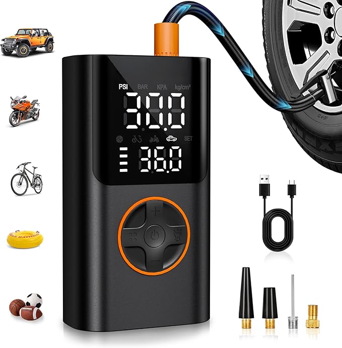 AIRSURE Tire Inflator Portable Air Compressor, Bike Pump with Gauge and USB Charging Output, 150PSI Fast Inflation Portable Tire Inflator for Car Bicycles Motorcycles Scooter Balls