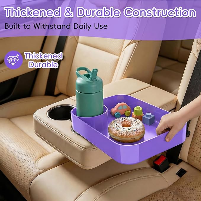 Kids Car Seat Tray, Travel Tray with Cup Holder for Toddler Baby, Kids Car Seat Food Snack Organizer for Road Trip, Stroller Snack Organizer Travel Must Haves Toddler Must Haves (Purple, 2 Packs)