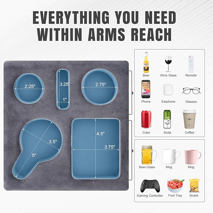 STBoo Couch Cup Holder Pillow - Sofa Drink Cup Holder Cozy Buddy | Bed Caddy Organizer Holds Remote, Snacks, Phones | Waterproof Anti-Spill Sofa Beverage Tray for Car, Pack, Beach, RV, Boat (Grey)