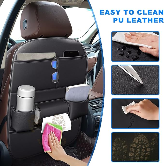 Back Seat Protector 2 Pack Fit For Toyota RAV4 Car Kick Mats with Cup & Tissue Storage Organizer Pockets Waterproof Dirt Proof Faux Leather Auto Accessories For Kids(1 Pair Black)