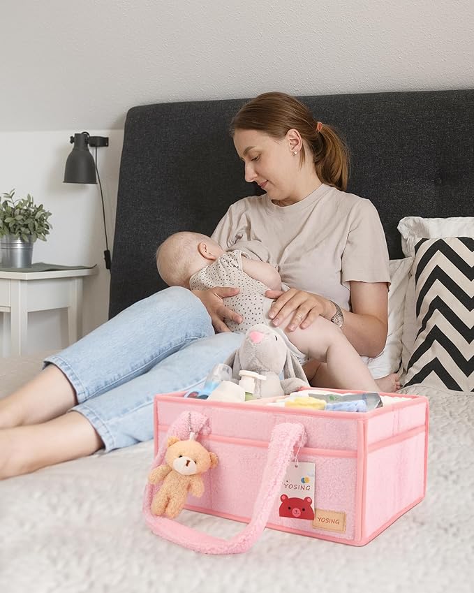 YOSING Cute and Playful Pink Diaper Caddy Organizer, 13 Compartments, Adjustable, Baby Diaper Caddy for Car, Changing Table, Nursery Storage, Car Organizer for Diapers and Baby Wipes