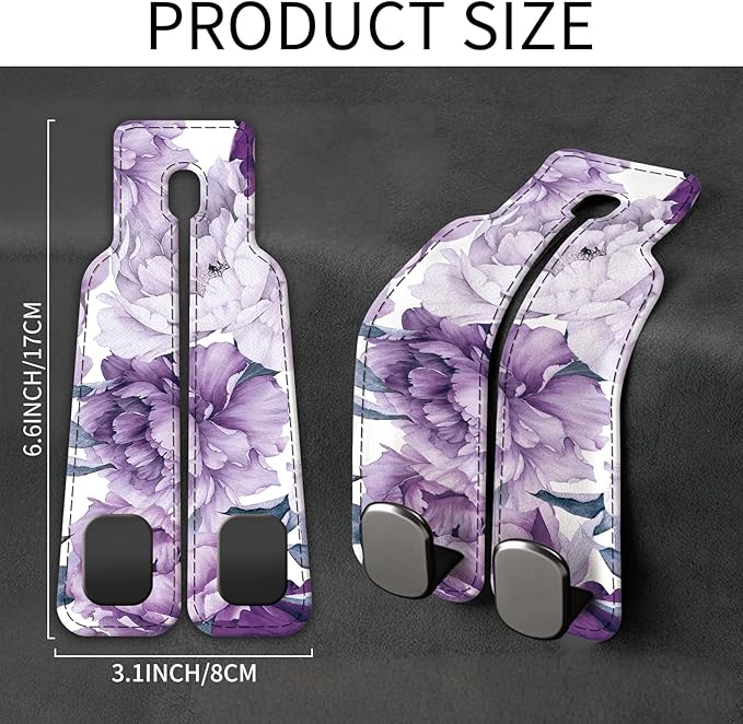 Car Seat Back Storage Headrest Hook, Premium Leather Double Metal Hook, Hanger Storage Organizer for Purse Cloth Bag, Car Interior Accessories Purple Cute Flowers