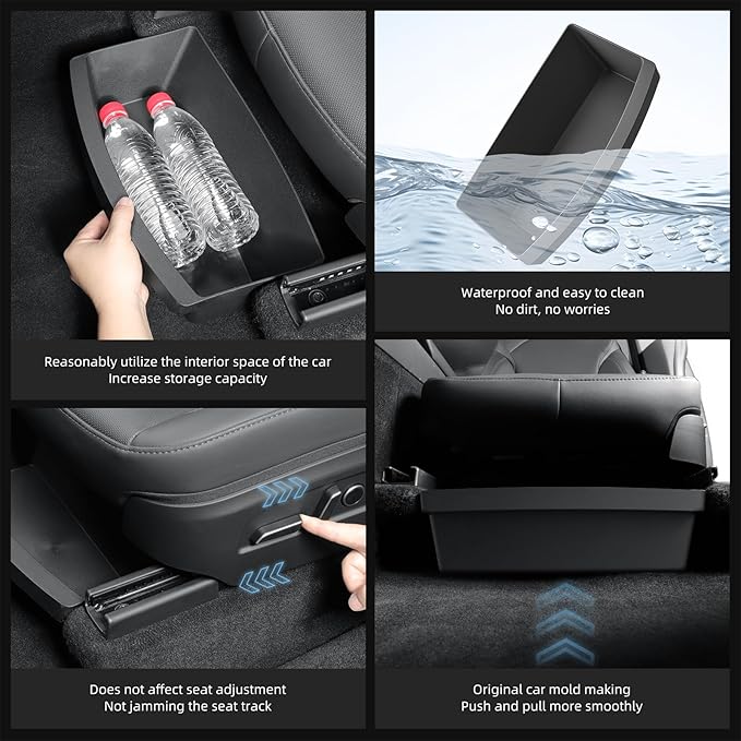 LUCKEASY 2PCS UnderSeat Storage Organizers for Tesla Model Y Juniper 2025 2026 1st Row Under Seat Storage Box Driver & Passenger Organizers for Model Y Juniper Accessories TPE Black