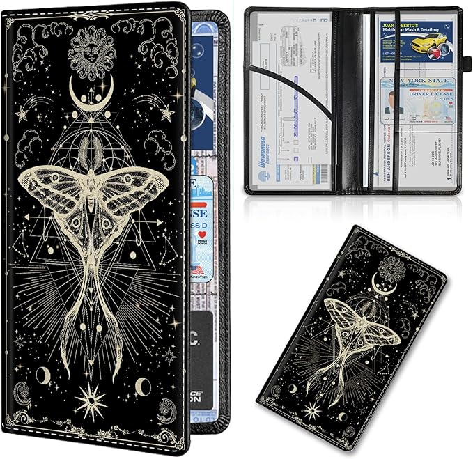 Car Registration and Insurance Card Holder, Premium PU Leather Vehicle Wallet Cover for Glove Box Car Organizer Drivers License/Cards/ID Essentials Document Holder, Witch Moth Moon Phase