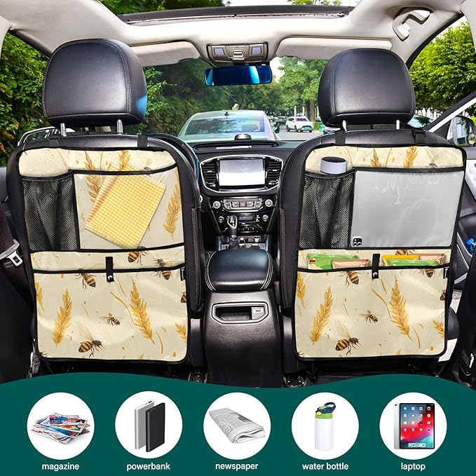 Fall Wheat Yellow Bees 1 Pack Backseat Car Organizer with Storage Pockets Seat Back Organizers for Kids Kick Mats Backseat Protector Automotive
