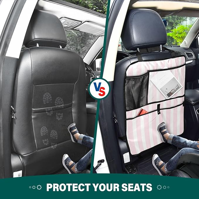 Pink and White Stripes 1 Pack Backseat Car Organizer with Storage Pockets Seat Back Organizers for Kids Kick Mats Backseat Protector Automotive