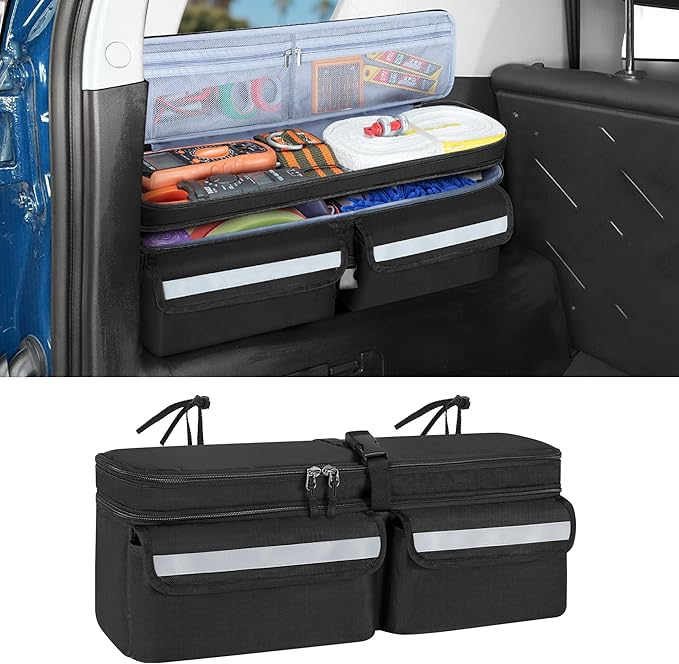 Car Trunk Organizer Compatible With Toyota FJ Cruiser 2007-2021, Multifunctional Car Storage Box with Lid, Double Layer Bag with 3 Wide Hook & Loop Tapes, Both Side with Straps to Fix, Black